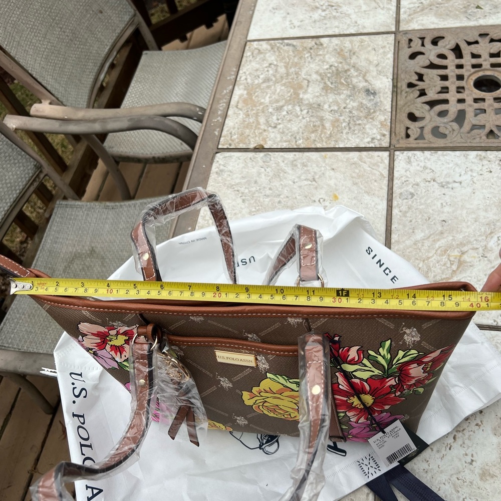NWT RARE U.S. Polo Assn. Floral Tote Bag - Brown with Pink and Yellow flowers 🌺 - Picture 6 of 12